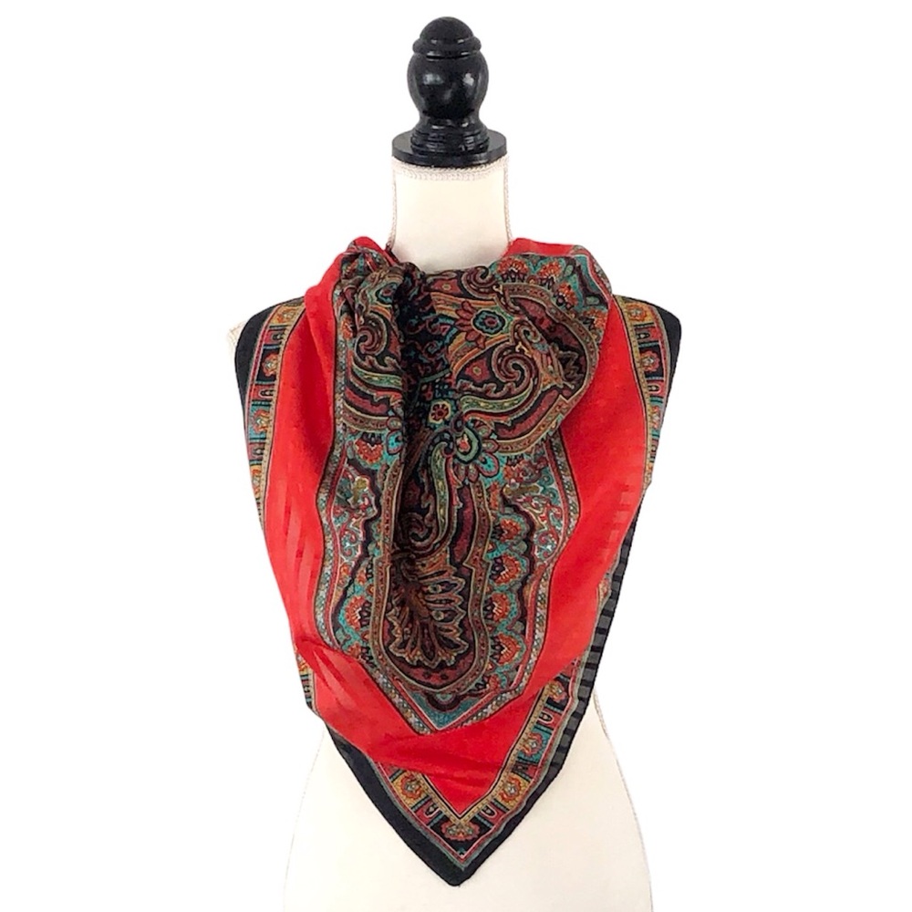 Vintage Red & Black Patterned Scarf - 30” square